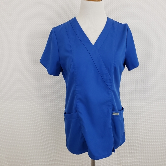Greys Anatomy Top 2 Pocket Faux Crossover Scrub Top Royal Blue size Small - Picture 2 of 7